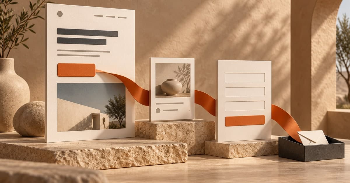 Editorial paper sculpture connecting a landing page, evidence card and enquiry form to a tray holding a received request.
