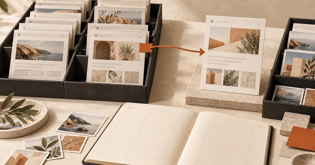 Editorial illustration of existing webpage cards organised in archive trays beside an inventory ledger and a selected page prepared for redesign.