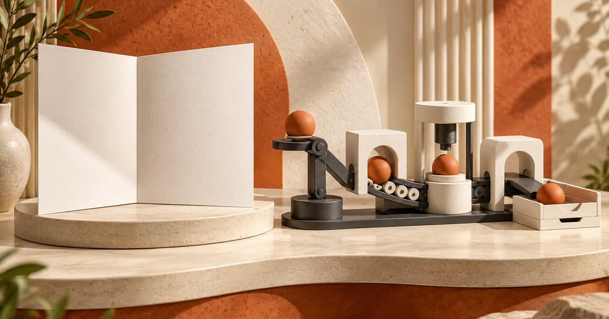 Editorial illustration pairing an open brochure on a stand with a mechanical workflow moving orange task tokens through stations into a record tray.