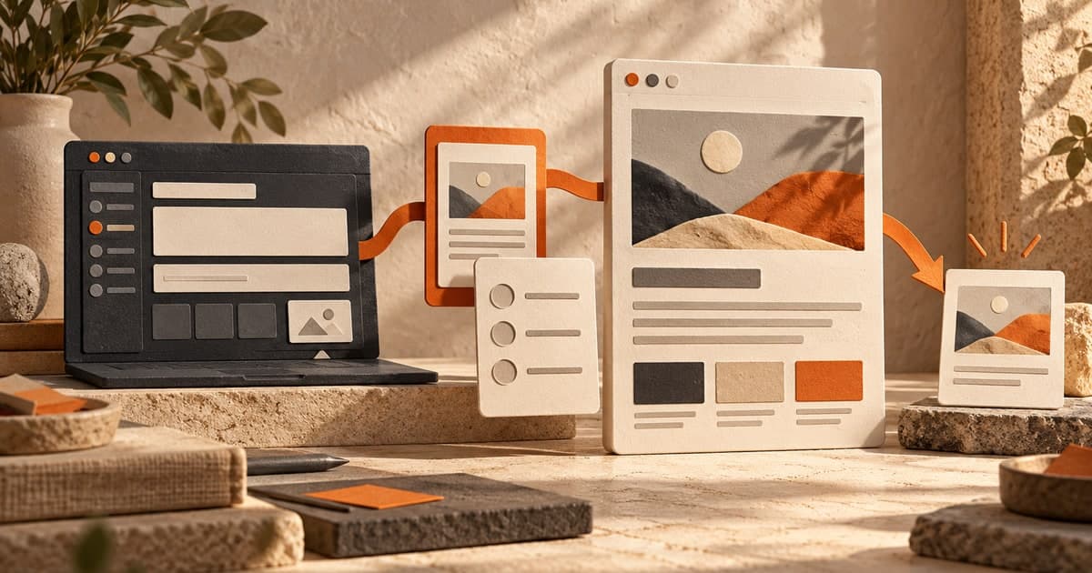 Editorial illustration connecting a content-editing console, page preview, review checklist and finished webpage tile.