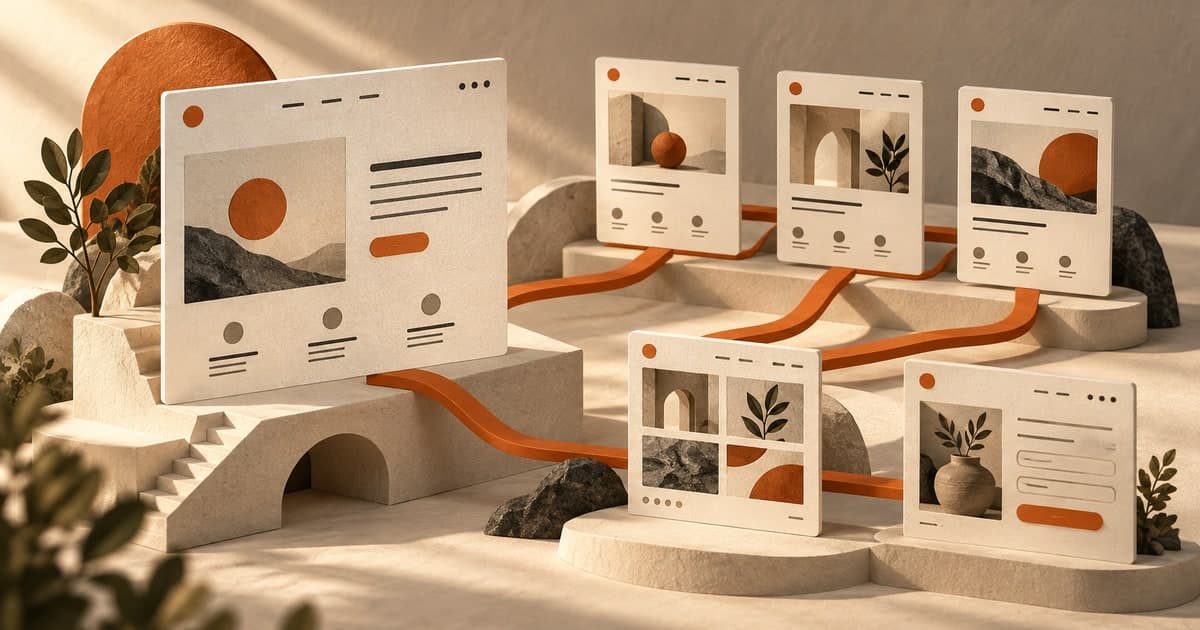 Editorial paper sculpture of a homepage connected by orange pathways to service, portfolio and enquiry page panels.
