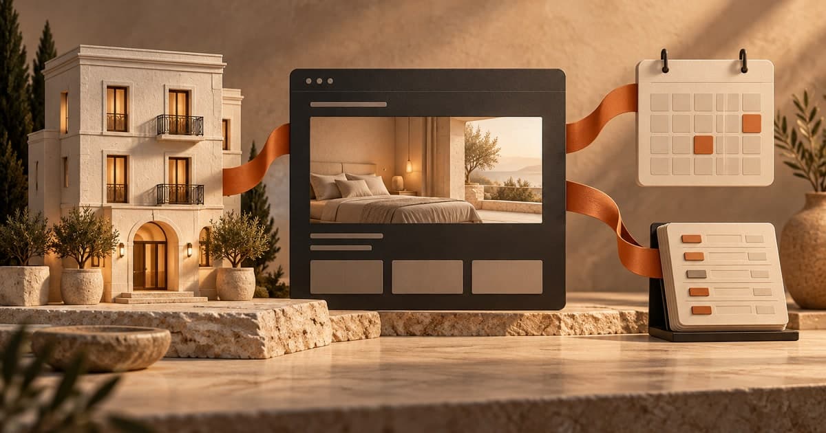 Editorial illustration connecting a hotel facade and website panel to a calendar and reservation ledger with orange pathways.