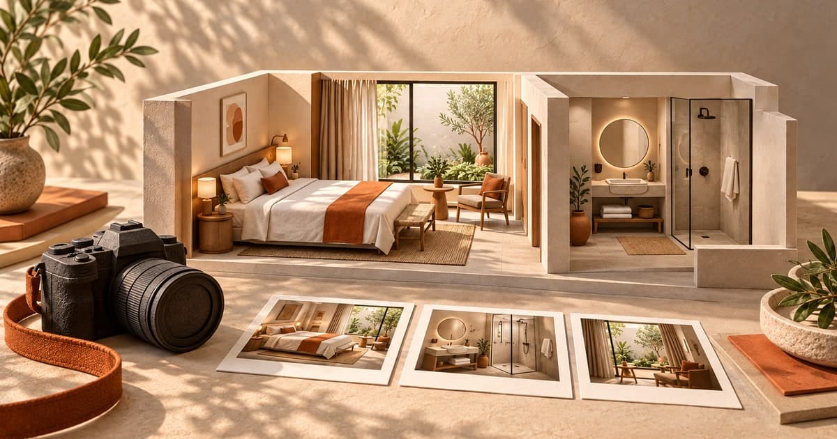 Editorial illustration of a hotel-room cutaway, camera and sample photographs representing a planned room, bathroom and courtyard shoot.
