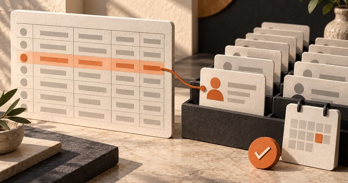 Editorial paper sculpture connecting a selected spreadsheet row to an organised contact card, next-action marker and calendar.