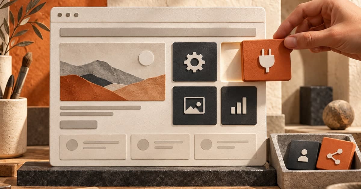 Editorial illustration of a modular website frame with a selected orange plugin tile aligned to its matching space and spare components in a tray.